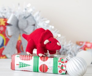 red knitted triceratops rattle baby dinosaur toy